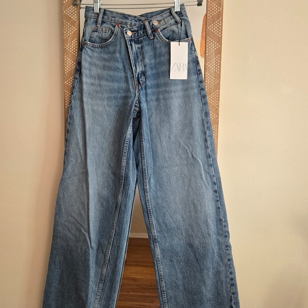 ZARA TRF HIGH RISE WIDE LEG CROSSOVER WAISTBAND JEANS SIZE 25 (US 0)